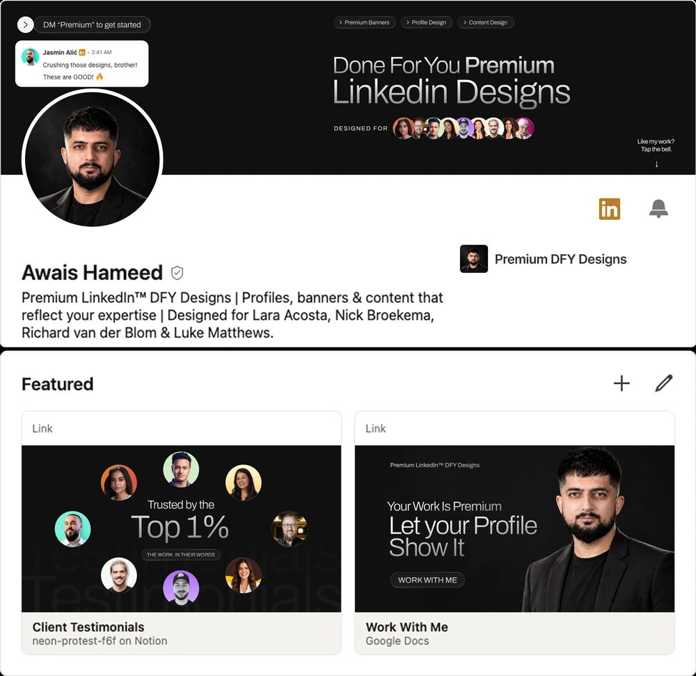 Awais Hameed’s coordinated banner, profile portrait and Featured designs