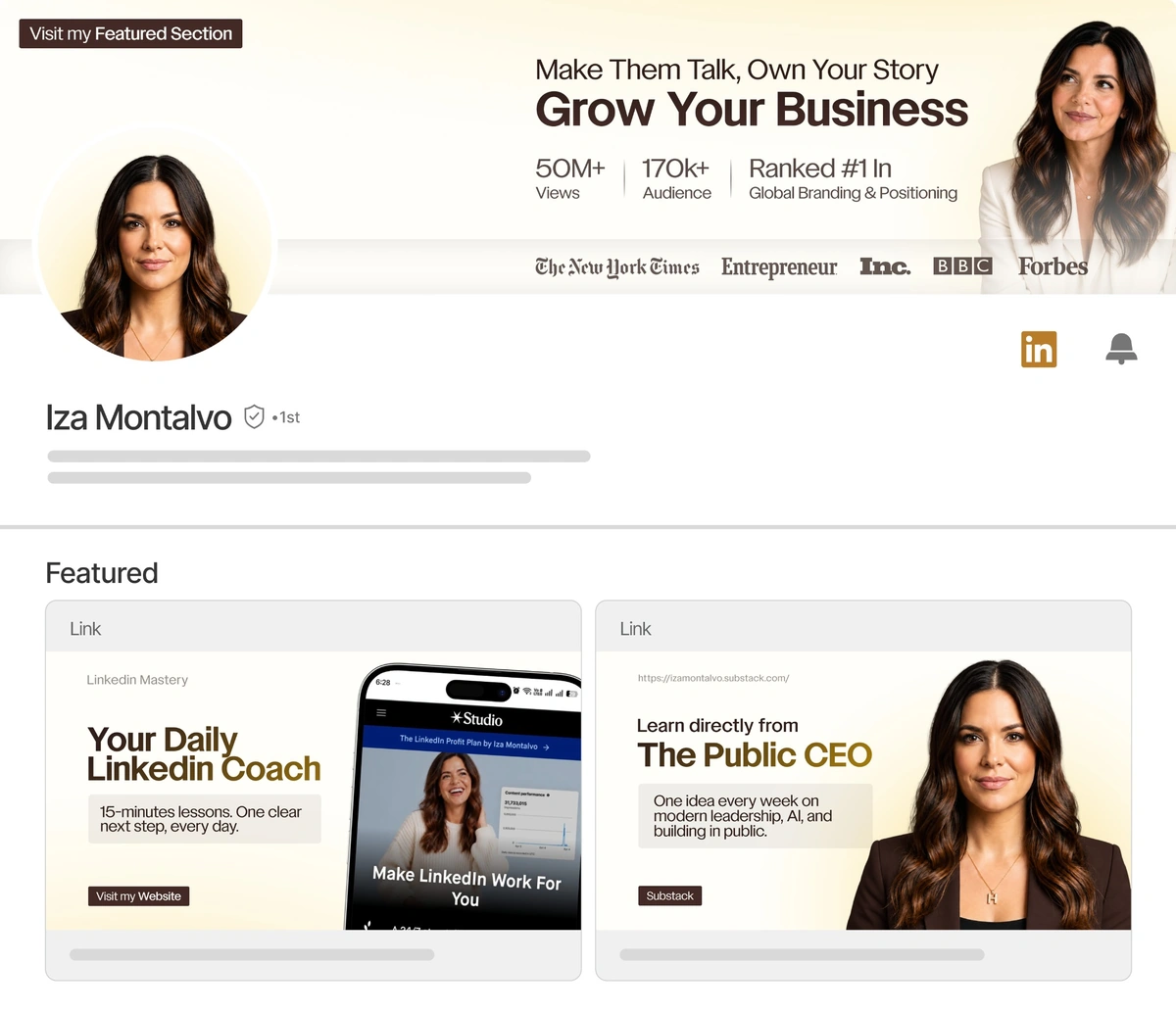 Iza Montalvo’s LinkedIn profile design with a warm-cream banner, profile portrait and matching Featured cards